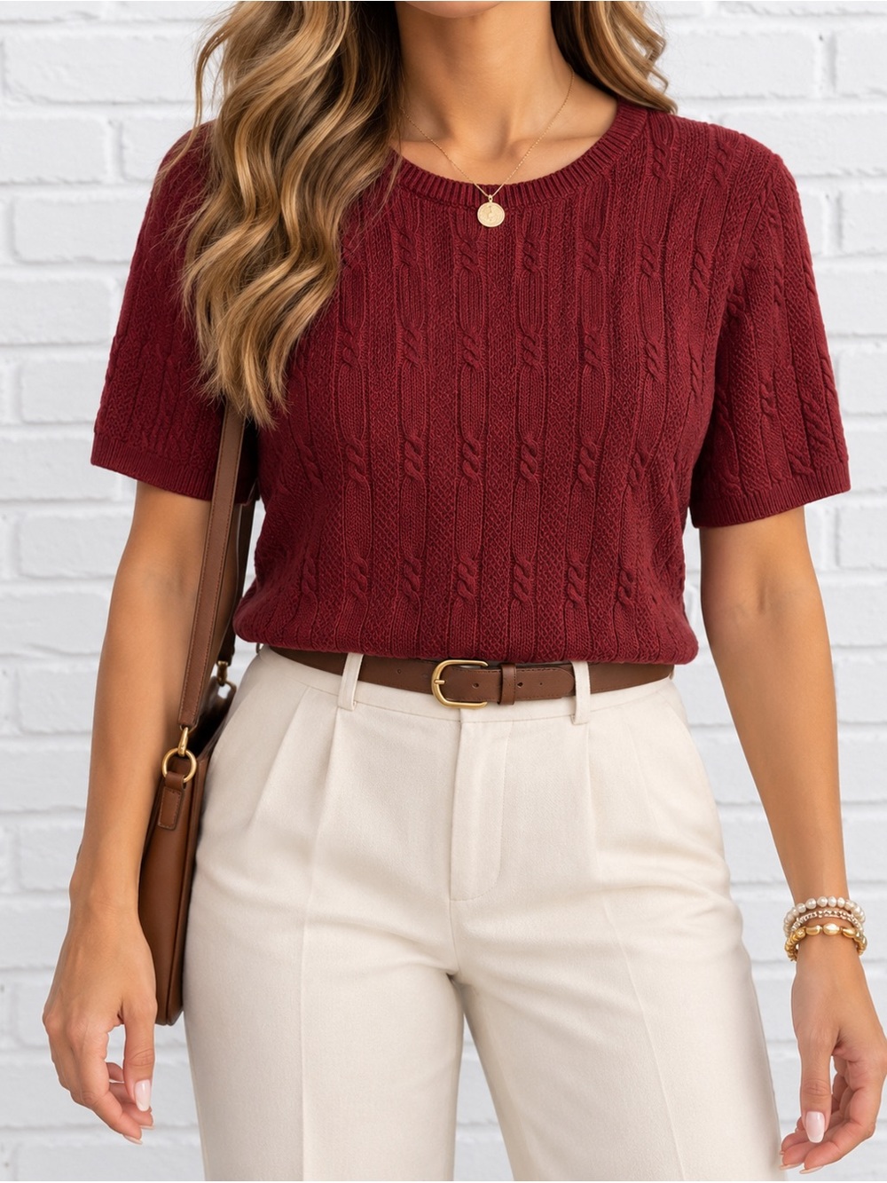 Vintage 80s 90s Alfred Dunner Maroon Cable Knit Acrylic Short Sleeve Sweater S